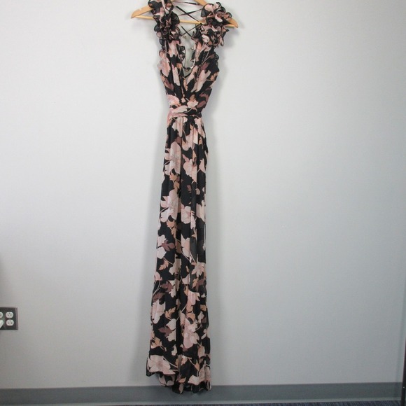 Fate Maxi Dress M Black Pink Floral Ruffle Sleeveless Cross Back Luxury Chic 544 - Picture 1 of 14